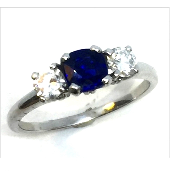SOLD IN OUR STORE Platinum Cushion Natural Sapphire Diamond Ring - Picture 1 of 3